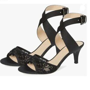 XYD Black Lace Kitten Heel Slingback Open Toe Buckled Cross Ankle Strap Sandals